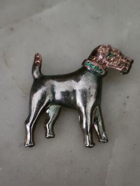 Silver Tone Dog Brooch Pin with Pink & Green Accents Vintage